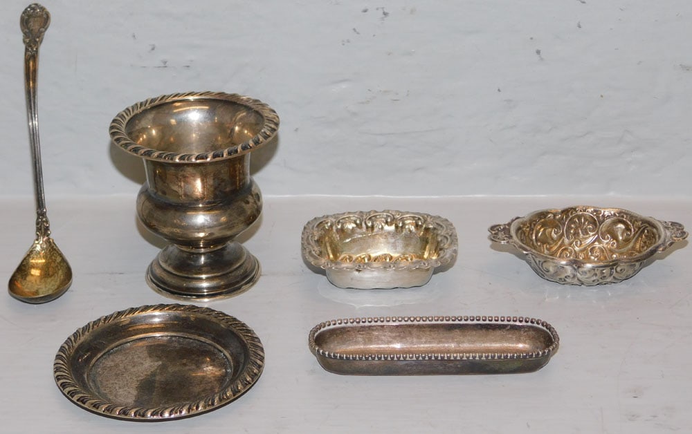 Six Pieces of Sterling, Including Toothpick Holder, Ornate Cellars, & Sugar Ladle, 2.82 ozt. (1 of 16)