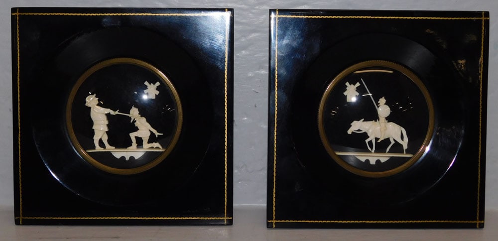 Two Black Lacquered Framed Bone Don Quixote Figures From Spain: Two Black Lacquered Framed Bone Don Quixote Figures From Spain . 6 1/4" Dia. ALL DESCRIPTIONS AND ANY CONDITION STATEMENT GIVEN BY LANGSTON AUCTION GALLERY ARE STRICTLY OPINIONS AND LANGSTON'S SHALL H