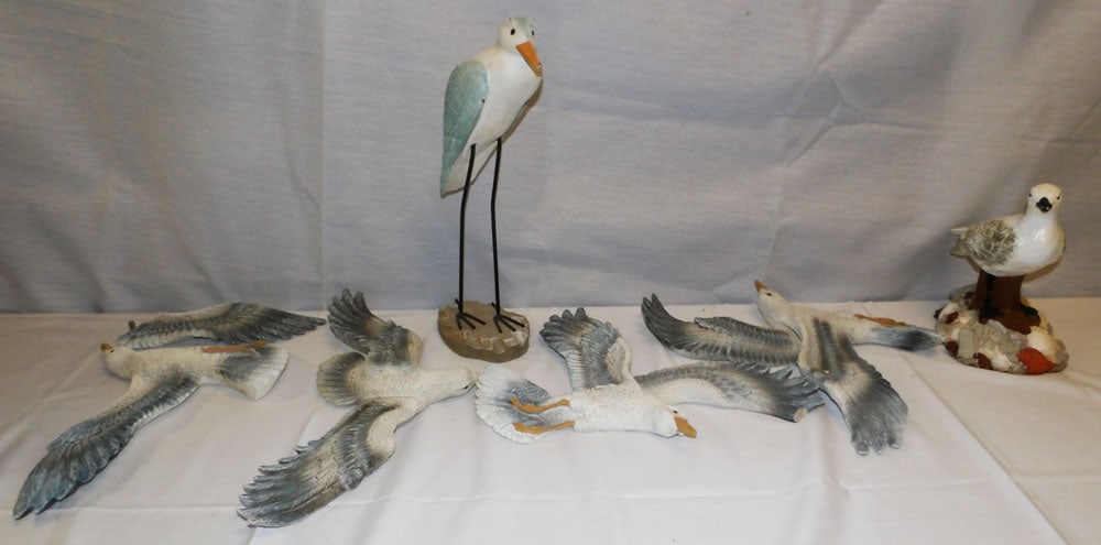 Lot of Painted Resin & Porcelain Shore Birds & Wall Hangings: Lot of Painted Resin & Porcelain Shore Birds & Wall Hangings . Up to 16" H 5 1/2" W "ALL DESCRIPTIONS AND ANY CONDITION STATEMENT GIVEN BY LANGSTON AUCTION GALLERY ARE STRICTLY OPINIONS AND LANGSTON'S