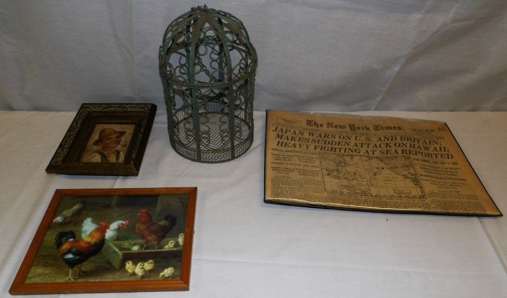 Lot of Painted Bird Cage, 1941 NY Times Paper, & Framed Items (1 of 4)