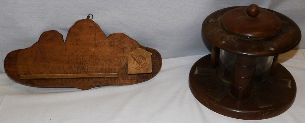 Lot of Hand Burned Hunting Dog Pipe Holder & Walnut & Glass Pipe Stand (1 of 3)