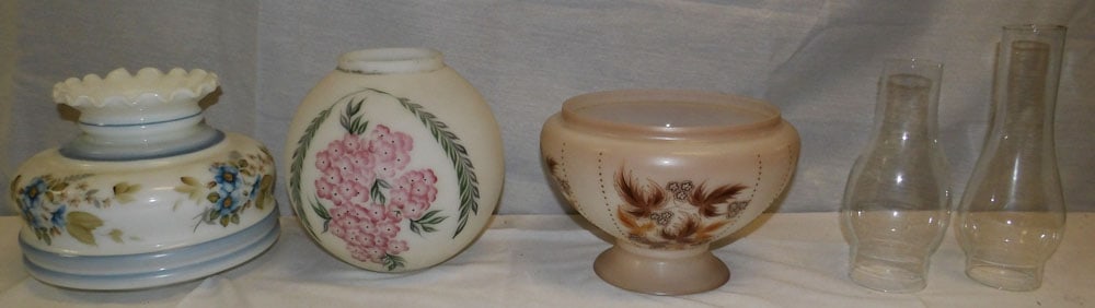 Lot of Painted Glass Lamp Shades: Lot of Painted Glass Lamp Shades . Up to 7 3/4" H 10 1/2" W "ALL DESCRIPTIONS AND ANY CONDITION STATEMENT GIVEN BY LANGSTON AUCTION GALLERY ARE STRICTLY OPINIONS AND LANGSTON'S SHALL HAVE NO RESPONSIB