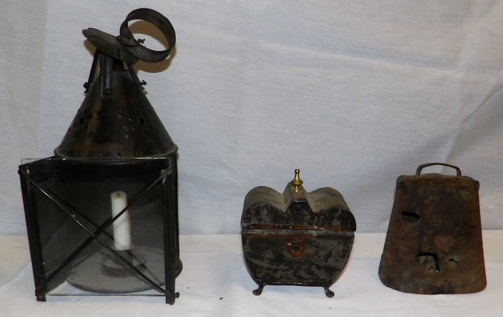 Lot of Punch Tin Candle Lantern, Tea Caddy, & Cow Bell (1 of 6)