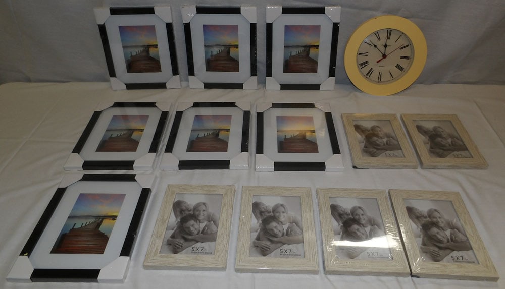 Lot of Frames & Wall Clock: Lot of Frames & Wall Clock . Up to 11" H 9" W "ALL DESCRIPTIONS AND ANY CONDITION STATEMENT GIVEN BY LANGSTON AUCTION GALLERY ARE STRICTLY OPINIONS AND LANGSTON'S SHALL HAVE NO RESPONSIBILITY FOR ERRO