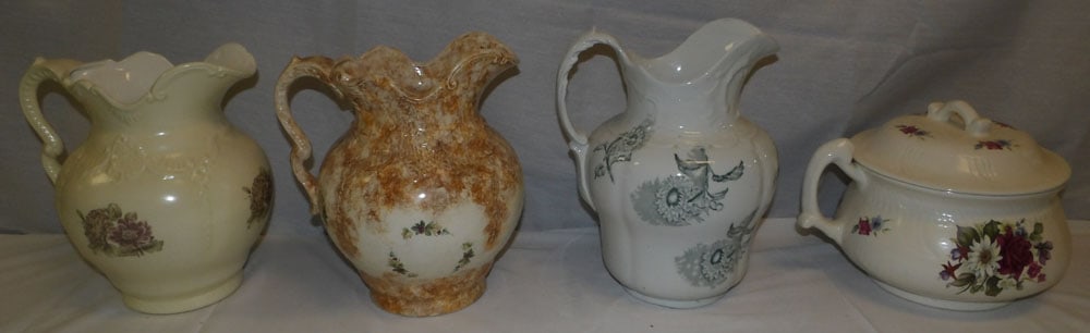 Lot of Porcelain Pitchers & Chamber Pot: Lot of Porcelain Pitchers & Chamber Pot . 11" H 10" W "ALL DESCRIPTIONS AND ANY CONDITION STATEMENT GIVEN BY LANGSTON AUCTION GALLERY ARE STRICTLY OPINIONS AND LANGSTON'S SHALL HAVE NO RESPONSIBILITY 