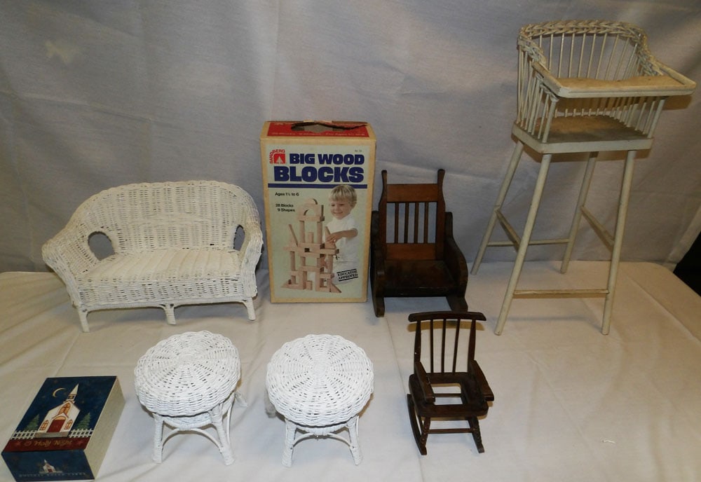 Lot of Wicker Doll Furniture & Vintage Wood Block Game: Lot of Wicker Doll Furniture & Vintage Wood Block Game. Up to 24" H 10 1/2" W "ALL DESCRIPTIONS AND ANY CONDITION STATEMENT GIVEN BY LANGSTON AUCTION GALLERY ARE STRICTLY OPINIONS AND LANGSTON'S SHALL