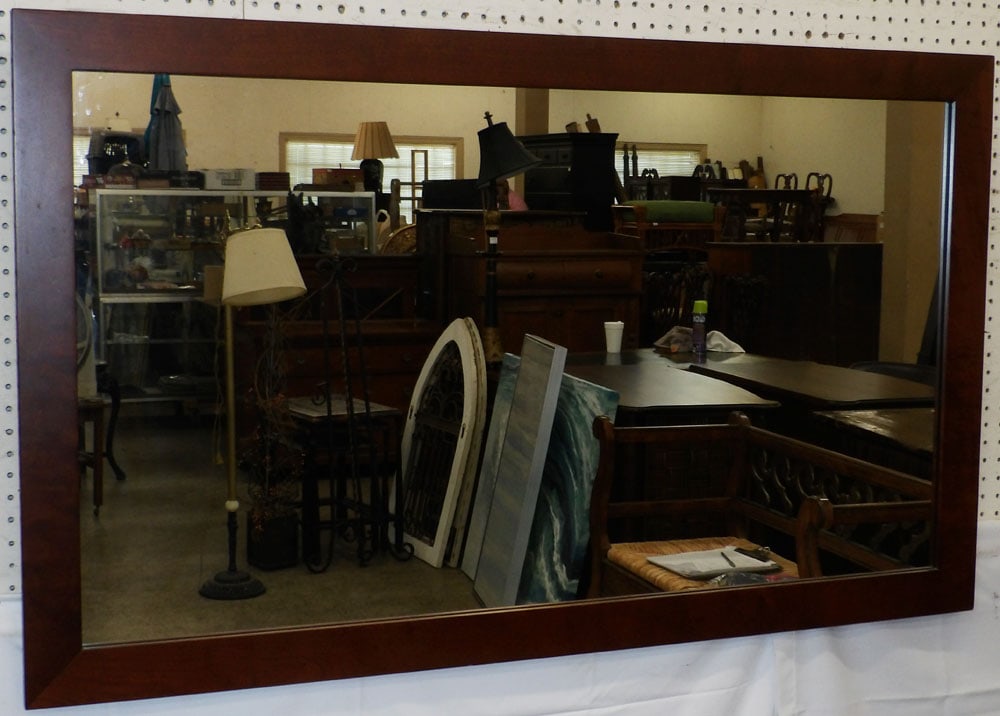 Cherry Framed Mirror: Cherry Framed Mirror. 50 1/4" x 30 1/4" "ALL DESCRIPTIONS AND ANY CONDITION STATEMENT GIVEN BY LANGSTON AUCTION GALLERY ARE STRICTLY OPINIONS AND LANGSTON'S SHALL HAVE NO RESPONSIBILITY FOR ERRORS OR 