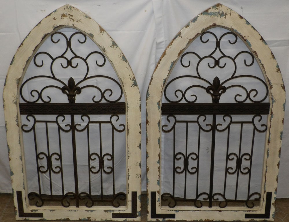 Two Painted Wood & Wrought Iron Wall Panels: Two Painted Wood & Wrought Iron Wall Panels . 40 1/4" x 24" "ALL DESCRIPTIONS AND ANY CONDITION STATEMENT GIVEN BY LANGSTON AUCTION GALLERY ARE STRICTLY OPINIONS AND LANGSTON'S SHALL HAVE NO