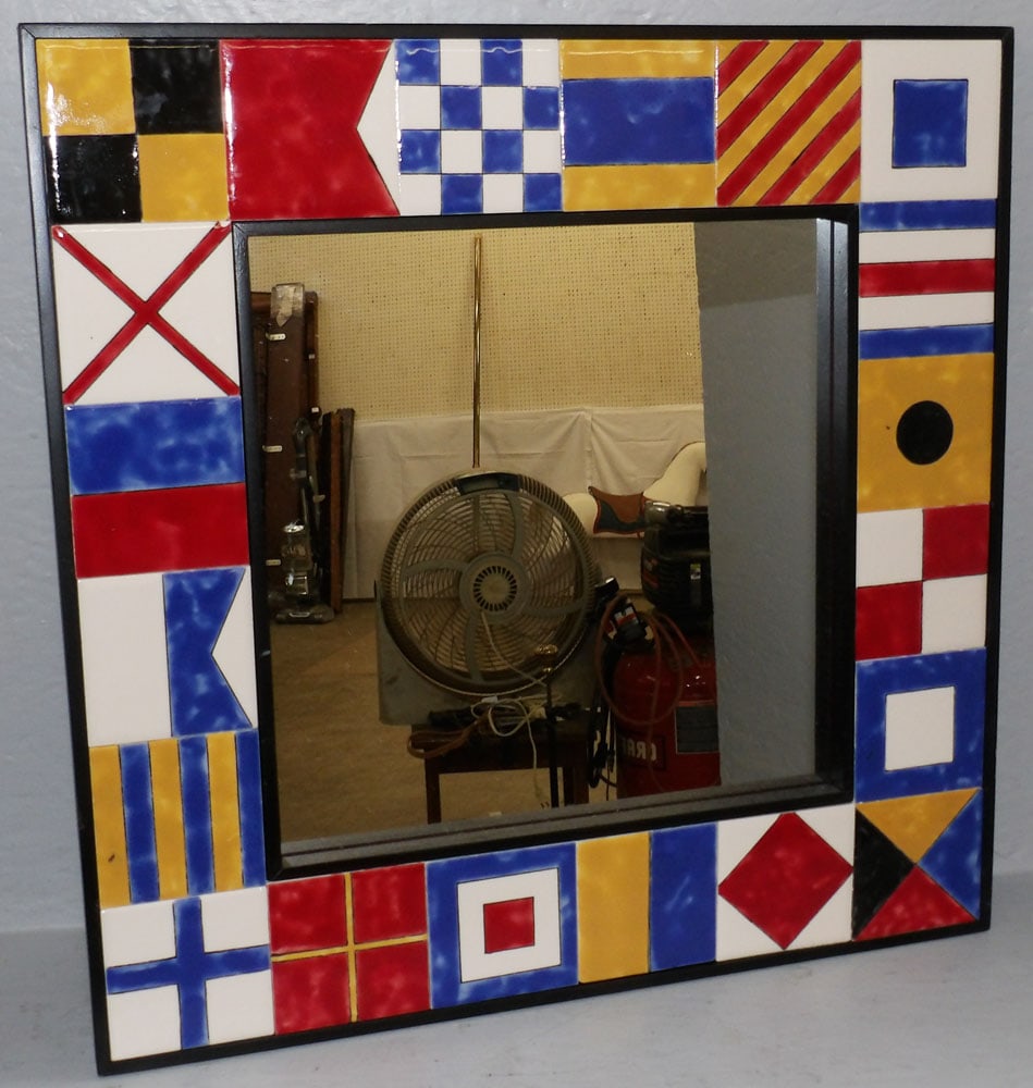 Painted Porcelain Tile Framed Mirror: Painted Porcelain Tile Framed Mirror . 18 1/4" x 18 1/4" "ALL DESCRIPTIONS AND ANY CONDITION STATEMENT GIVEN BY LANGSTON AUCTION GALLERY ARE STRICTLY OPINIONS AND LANGSTON'S SHALL HAVE NO