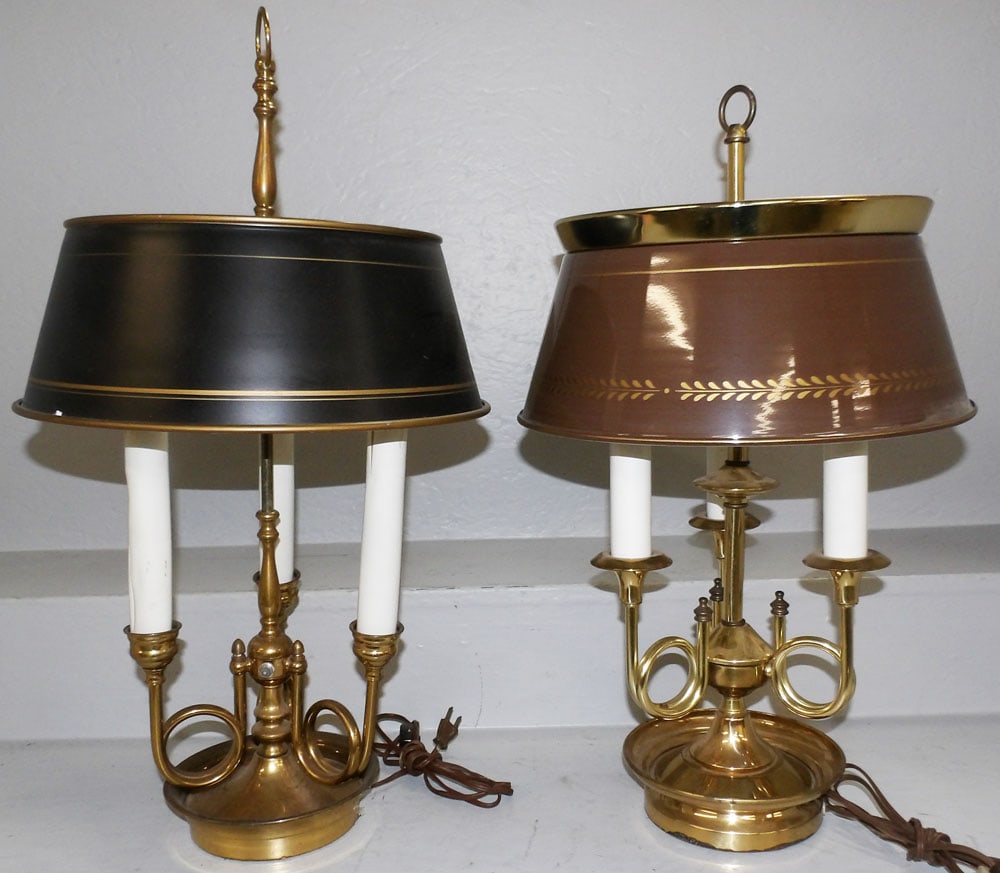 Two Brass Painted Tole Shade Bouillotte Lamps (1 of 2)
