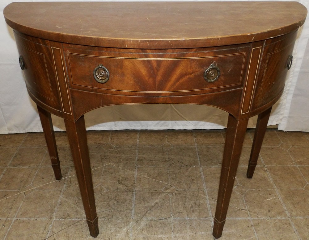 Mahogany Inlaid Demi Lune Console: Mahogany Inlaid Demi Lune Console. 29 1/4" H 36" W 16 1/4" D "ALL DESCRIPTIONS AND ANY CONDITION STATEMENT GIVEN BY LANGSTON AUCTION GALLERY ARE STRICTLY OPINIONS AND LANGSTON'S SHALL HAVE NO