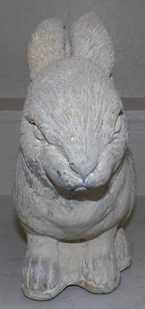 Painted Cast Concrete Rabbit Yard Figure: Painted Cast Concrete Rabbit Yard Figure. 11" H 12 1/2" W "ALL DESCRIPTIONS AND ANY CONDITION STATEMENT GIVEN BY LANGSTON AUCTION GALLERY ARE STRICTLY OPINIONS AND LANGSTON'S SHALL HAVE NO