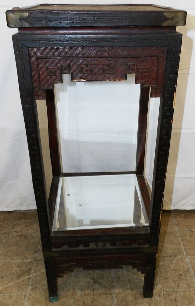 Oriental Painted Rattan & Wood Stand: Oriental Painted Rattan & Wood Stand . 35 1/2" H 14 1/2" W 12 1/2" D "ALL DESCRIPTIONS AND ANY CONDITION STATEMENT GIVEN BY LANGSTON AUCTION GALLERY ARE STRICTLY OPINIONS AND LANGSTON'S SHALL HAVE NO