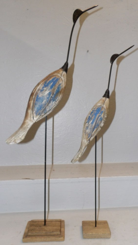 Two Painted Wood & Metal Shore Birds: Two Painted Wood & Metal Shore Birds . Up to 34 1/2" H 14" W "ALL DESCRIPTIONS AND ANY CONDITION STATEMENT GIVEN BY LANGSTON AUCTION GALLERY ARE STRICTLY OPINIONS AND LANGSTON'S SHALL HAVE NO