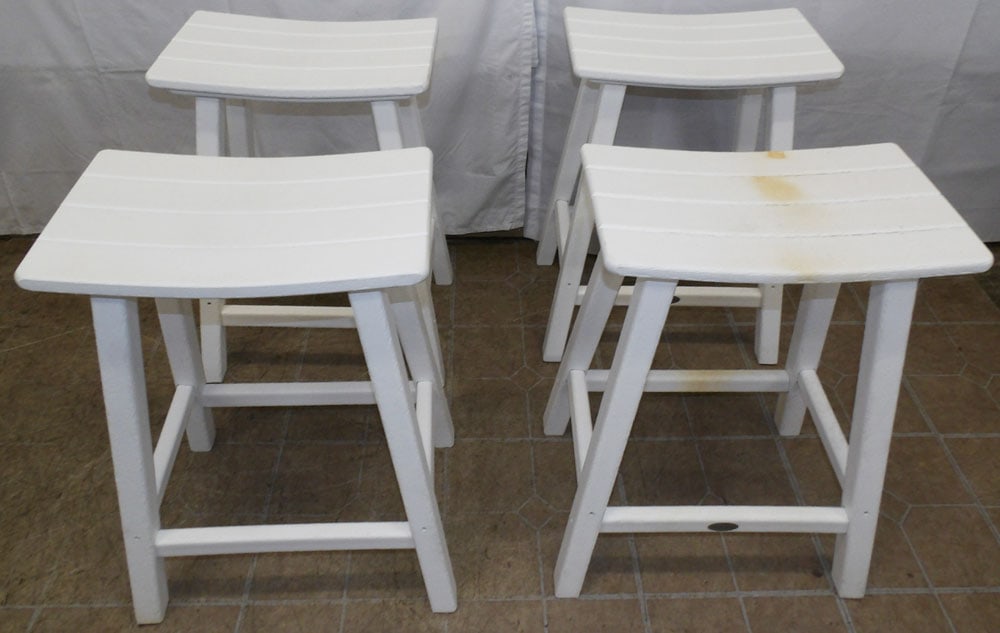 Four Polywood Stools by Built to Last: Four Polywood Stools by Built to Last. Up to 25" H 17 1/4" W 10 1/2" D "ALL DESCRIPTIONS AND ANY CONDITION STATEMENT GIVEN BY LANGSTON AUCTION GALLERY ARE STRICTLY OPINIONS AND LANGSTON'S SHALL HAVE N