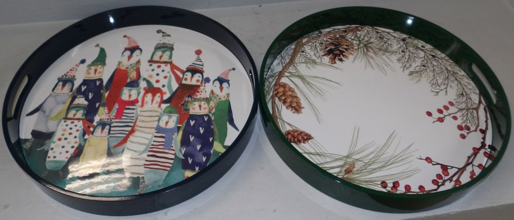 Two Painted Round Trays by Williams & Sonoma: Two Painted Round Trays by Williams & Sonoma. 2 1/4" H 18" Dia. "ALL DESCRIPTIONS AND ANY CONDITION STATEMENT GIVEN BY LANGSTON AUCTION GALLERY ARE STRICTLY OPINIONS AND LANGSTON'S SHALL HAVE NO