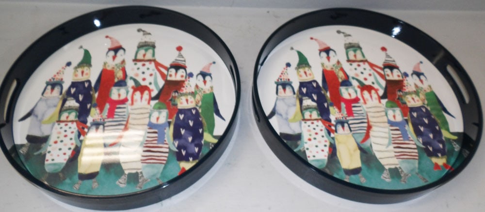 Two Painted Round Trays by Williams & Sonoma: Two Painted Round Trays by Williams & Sonoma. 2 1/4" H 18" Dia. "ALL DESCRIPTIONS AND ANY CONDITION STATEMENT GIVEN BY LANGSTON AUCTION GALLERY ARE STRICTLY OPINIONS AND LANGSTON'S SHALL HAVE NO
