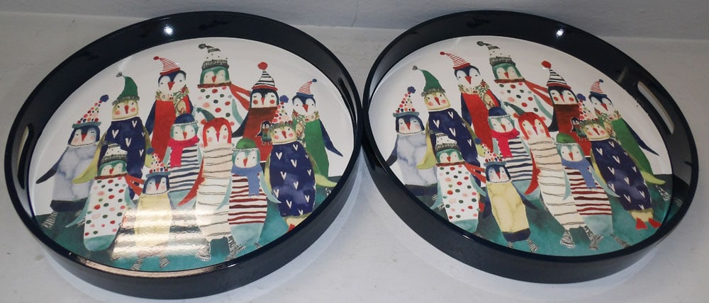 Two Painted Round Trays by Williams & Sonoma: Two Painted Round Trays by Williams & Sonoma. 2 1/4" H 18" Dia. "ALL DESCRIPTIONS AND ANY CONDITION STATEMENT GIVEN BY LANGSTON AUCTION GALLERY ARE STRICTLY OPINIONS AND LANGSTON'S SHALL HAVE NO