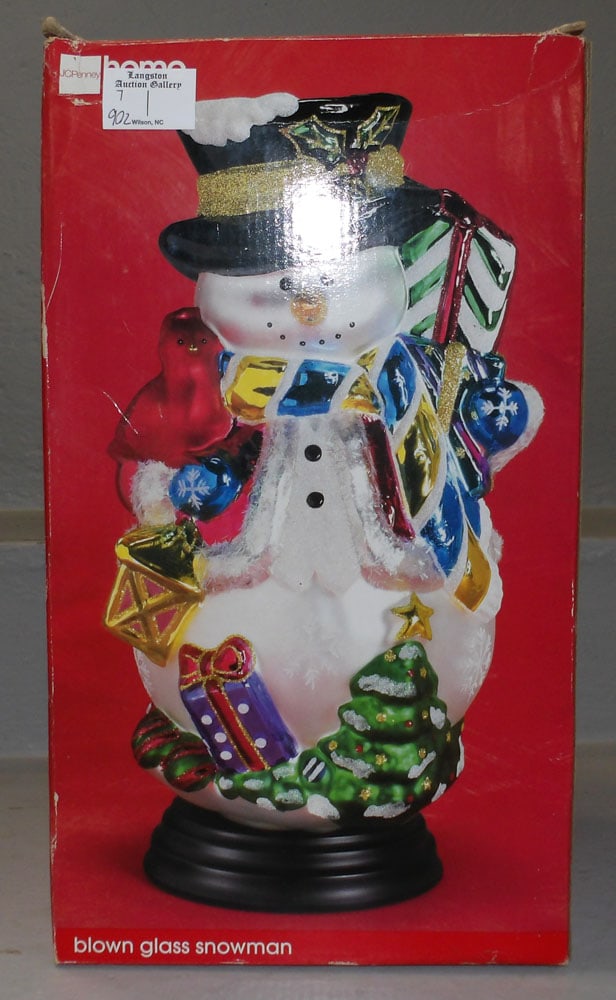 Blown Glass Snowman in Box: Blown Glass Snowman in Box. Box: 15 1/2" H 9" W 8 1/4" D "ALL DESCRIPTIONS AND ANY CONDITION STATEMENT GIVEN BY LANGSTON AUCTION GALLERY ARE STRICTLY OPINIONS AND LANGSTON'S SHALL HAVE NO