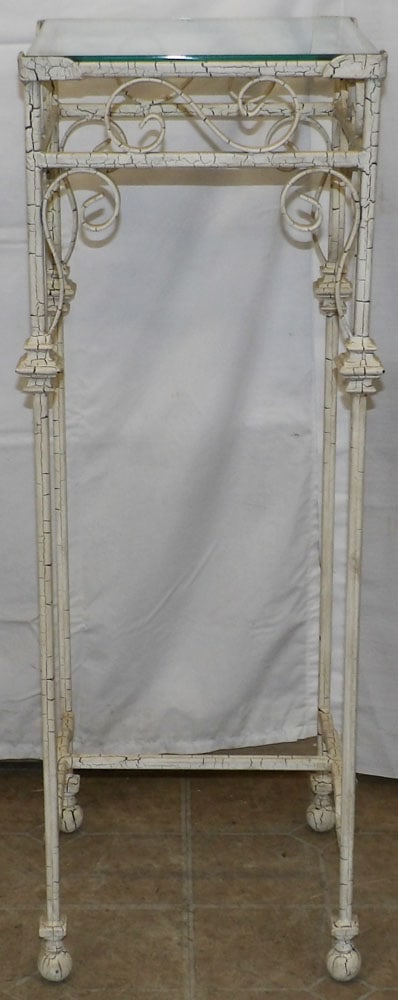 Painted Wrought Iron & Glass Top Plant Stand: Painted Wrought Iron & Glass Top Plant Stand . 36 1/2" H 12 1/2" W 12 1/2" D "ALL DESCRIPTIONS AND ANY CONDITION STATEMENT GIVEN BY LANGSTON AUCTION GALLERY ARE STRICTLY OPINIONS AND LANGSTON'S SHALL