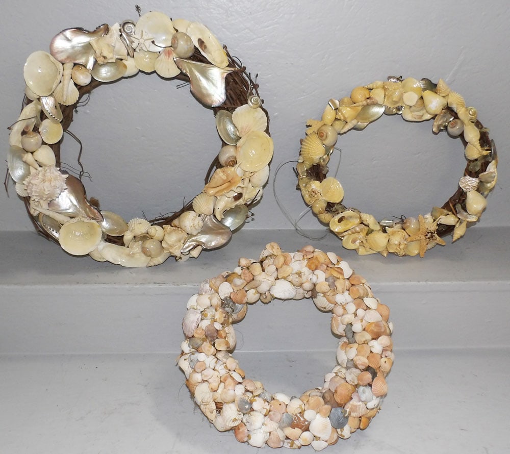 Three Seashell Wreaths: Three Seashell Wreaths . Up to 18" Dia. "ALL DESCRIPTIONS AND ANY CONDITION STATEMENT GIVEN BY LANGSTON AUCTION GALLERY ARE STRICTLY OPINIONS AND LANGSTON'S SHALL HAVE NO RESPONSIBILITY FOR ERRORS OR