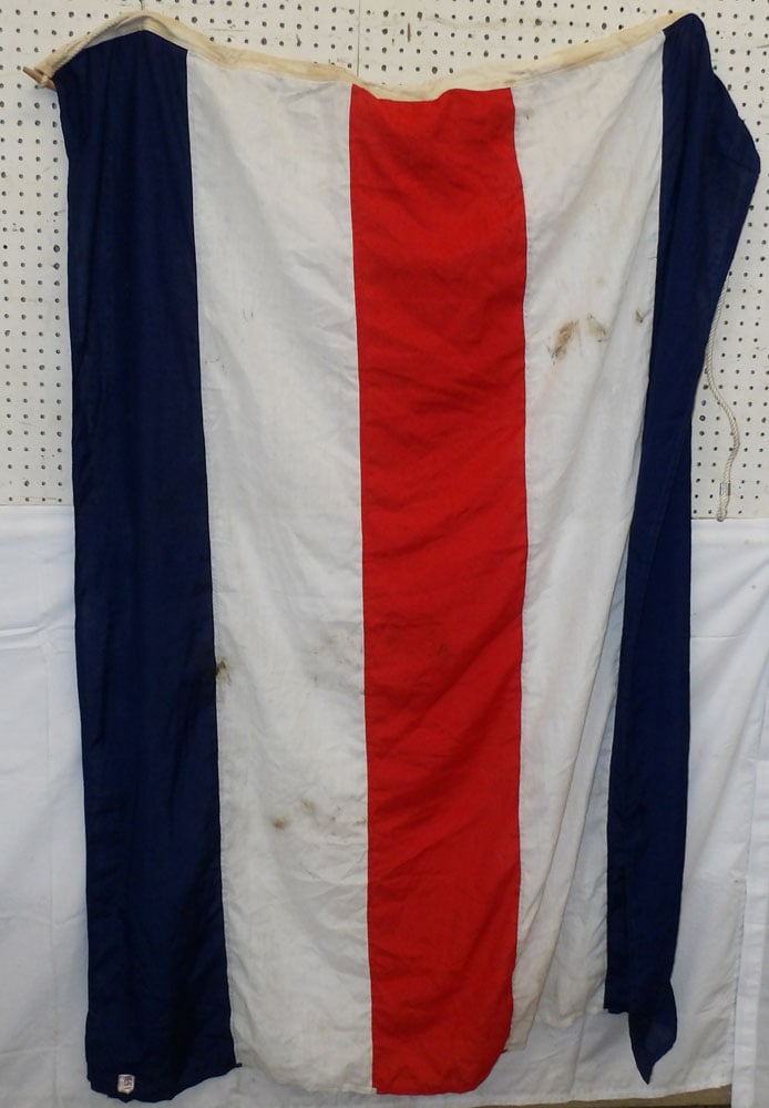 Vintage Linen Maritime Signal Flag by Hutchwilco New Zealand: Vintage Linen Maritime Signal Flag by Hutchwilco New Zealand . 46" x 66" "ALL DESCRIPTIONS AND ANY CONDITION STATEMENT GIVEN BY LANGSTON AUCTION GALLERY ARE STRICTLY OPINIONS AND LANGSTON'S SHALL