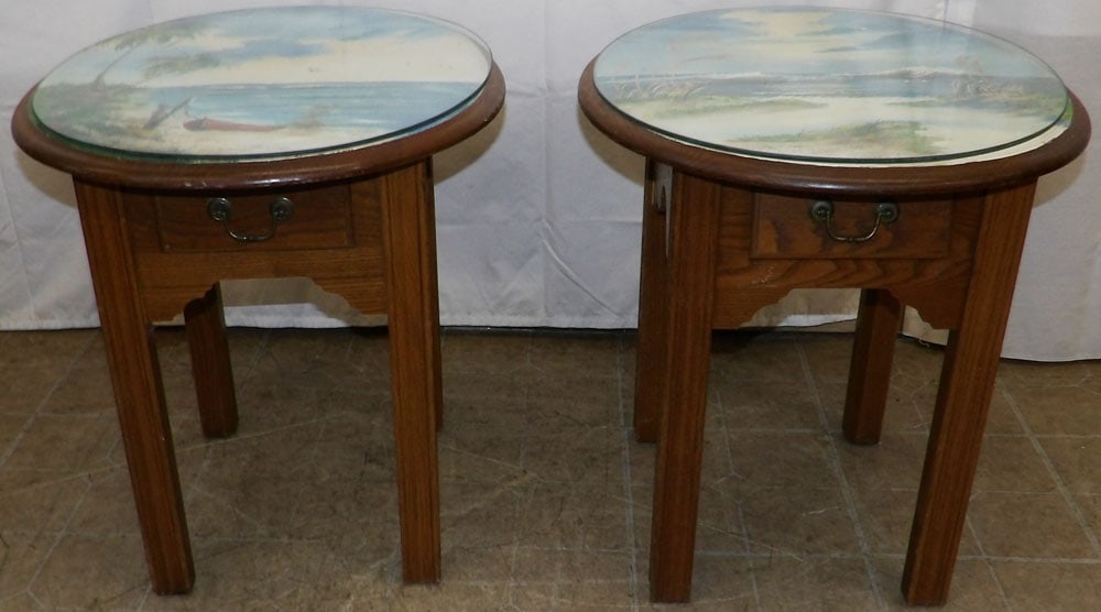 Pair of Painted Oak & Glass Top Stands: Pair of Painted Oak & Glass Top Stands . 23 3/4" H 25 1/2" W 21 1/2" D "ALL DESCRIPTIONS AND ANY CONDITION STATEMENT GIVEN BY LANGSTON AUCTION GALLERY ARE STRICTLY OPINIONS AND LANGSTON'S SHALL HAVE