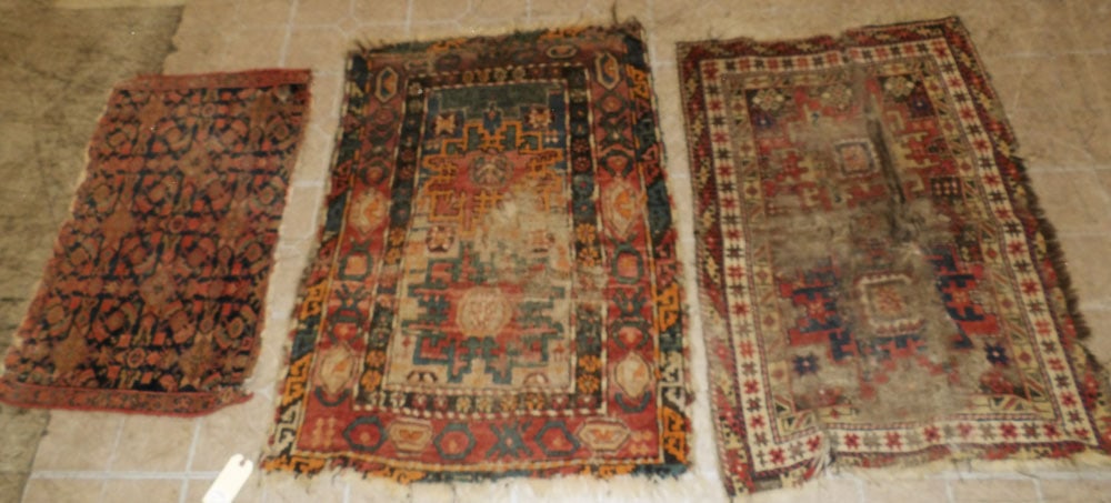 Lot of Three Antique Hand Made Rugs, (1' 9" x 2' 8", 2' 6" x 3' 5", & 2' 4" x 3' 4"): Lot of Three Antique Hand Made Rugs, (1' 9" x 2' 8", 2' 6" x 3' 5", & 2' 4" x 3' 4"). "ALL DESCRIPTIONS AND ANY CONDITION STATEMENT GIVEN BY LANGSTON AUCTION GALLERY ARE STRICTLY OPINIONS AND