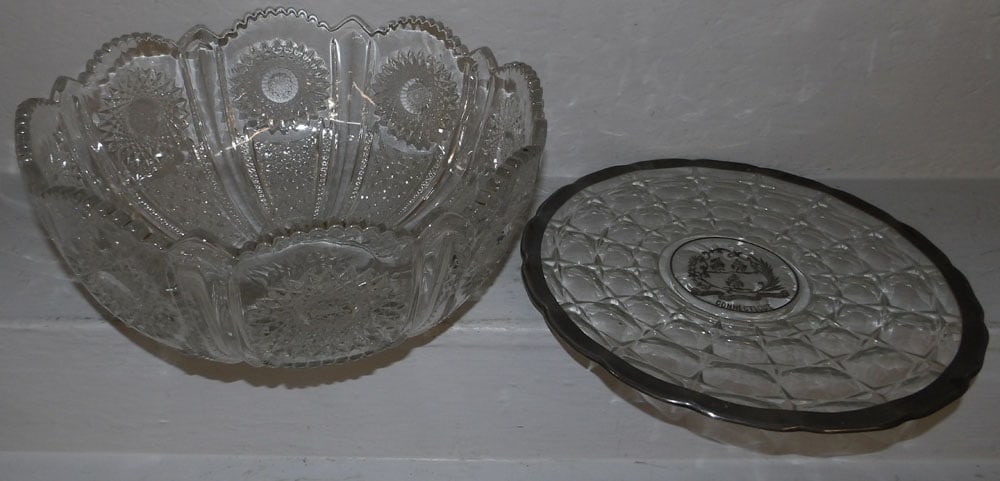 Press Glass Punch Bowl & Silver Overlaid Tray: Press Glass Punch Bowl & Silver Overlaid Tray. Up to 7 1/4" H 14 1/2" Dia. "ALL DESCRIPTIONS AND ANY CONDITION STATEMENT GIVEN BY LANGSTON AUCTION GALLERY ARE STRICTLY OPINIONS AND LANGSTON'S SHALL