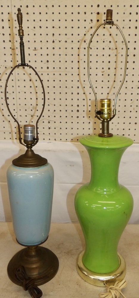 Two Porcelain Lamps: Two Porcelain Lamps . 31" H 7" Dia. "ALL DESCRIPTIONS AND ANY CONDITION STATEMENT GIVEN BY LANGSTON AUCTION GALLERY ARE STRICTLY OPINIONS AND LANGSTON'S SHALL HAVE NO RESPONSIBILITY FOR ERRORS OR
