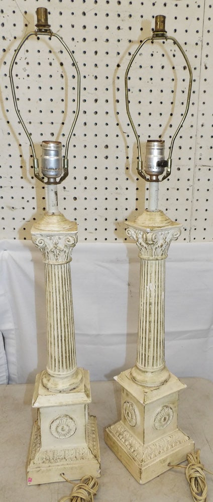 Two Painted Ceramic Lamps: Two Painted Ceramic Lamps . 31 1/2" H 5 1/2" Dia. "ALL DESCRIPTIONS AND ANY CONDITION STATEMENT GIVEN BY LANGSTON AUCTION GALLERY ARE STRICTLY OPINIONS AND LANGSTON'S SHALL HAVE NO RESPONSIBILITY FOR