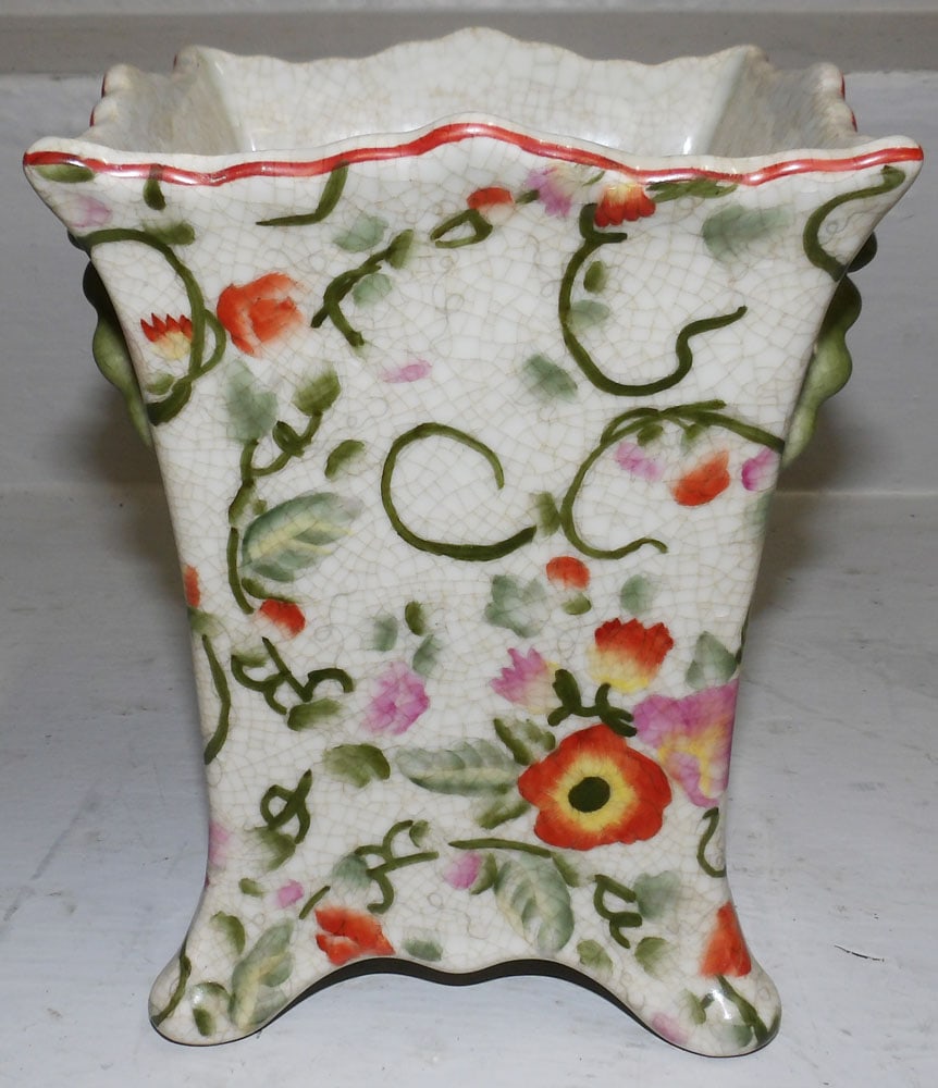 Painted Oriental Porcelain Crackleware Vase Form Jardiniere: Painted Oriental Porcelain Crackleware Vase Form Jardiniere. 7 1/4" H 5 1/4" Dia. "ALL DESCRIPTIONS AND ANY CONDITION STATEMENT GIVEN BY LANGSTON AUCTION GALLERY ARE STRICTLY OPINIONS AND LANGSTON'S