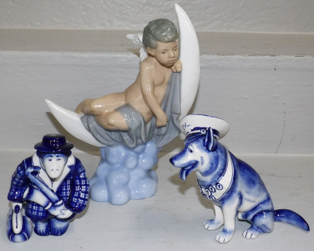 Three Porcelain Figurines: Three Porcelain Figurines . Up to 9" H 7 Dia. "ALL DESCRIPTIONS AND ANY CONDITION STATEMENT GIVEN BY LANGSTON AUCTION GALLERY ARE STRICTLY OPINIONS AND LANGSTON'S SHALL HAVE NO RESPONSIBILITY FOR