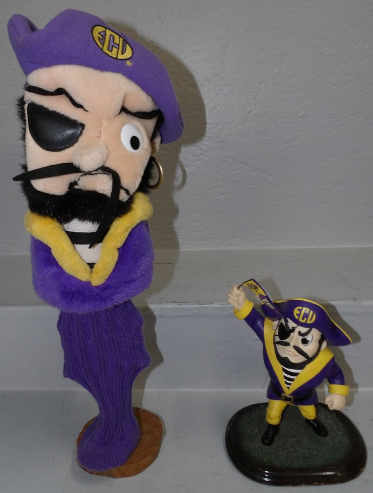 Limited Edition ECU Pirate Mascot Figure by College Treasures & ECU Doll Puppet: Limited Edition ECU Pirate Mascot Figure by College Treasures & ECU Doll Puppet. Up to 21" H "ALL DESCRIPTIONS AND ANY CONDITION STATEMENT GIVEN BY LANGSTON AUCTION GALLERY ARE STRICTLY OPINIONS AND