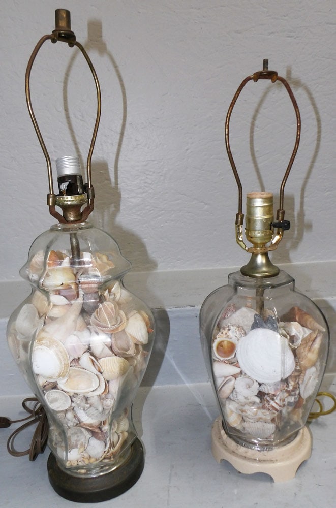 Two Glass & Seashell Lamps: Two Glass & Seashell Lamps. 22 1/2" H 6 1/2" Dia. "ALL DESCRIPTIONS AND ANY CONDITION STATEMENT GIVEN BY LANGSTON AUCTION GALLERY ARE STRICTLY OPINIONS AND LANGSTON'S SHALL HAVE NO RESPONSIBILITY FOR