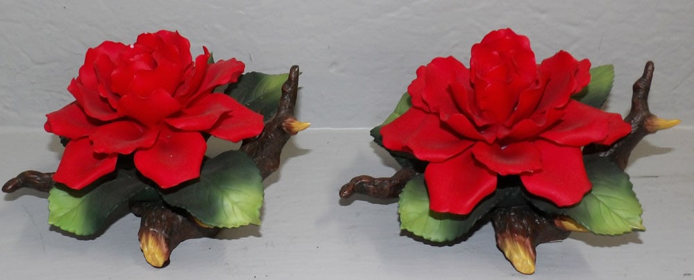Two Porcelain Roses Marked Andrea by Sadek: Two Porcelain Roses Marked Andrea by Sadek. 4 1/2" H 7 1/4" W "ALL DESCRIPTIONS AND ANY CONDITION STATEMENT GIVEN BY LANGSTON AUCTION GALLERY ARE STRICTLY OPINIONS AND LANGSTON'S SHALL HAVE NO