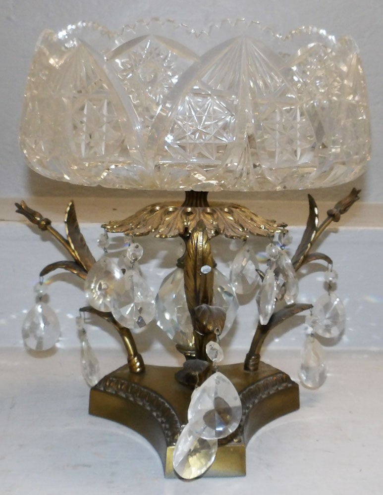 Cut Glass & Gilded Metal Pedestal Compote with Prisms: Cut Glass & Gilded Metal Pedestal Compote with Prisms. 13 1/2" H 11 1/2" Dia. "ALL DESCRIPTIONS AND ANY CONDITION STATEMENT GIVEN BY LANGSTON AUCTION GALLERY ARE STRICTLY OPINIONS AND LANGSTON'S SHALL