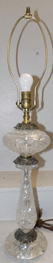 Cut Glass & Gilded Metal Banquet Lamp: Cut Glass & Gilded Metal Banquet Lamp . 32 1/2" H 6 1/2" Dia. "ALL DESCRIPTIONS AND ANY CONDITION STATEMENT GIVEN BY LANGSTON AUCTION GALLERY ARE STRICTLY OPINIONS AND LANGSTON'S SHALL HAVE NO