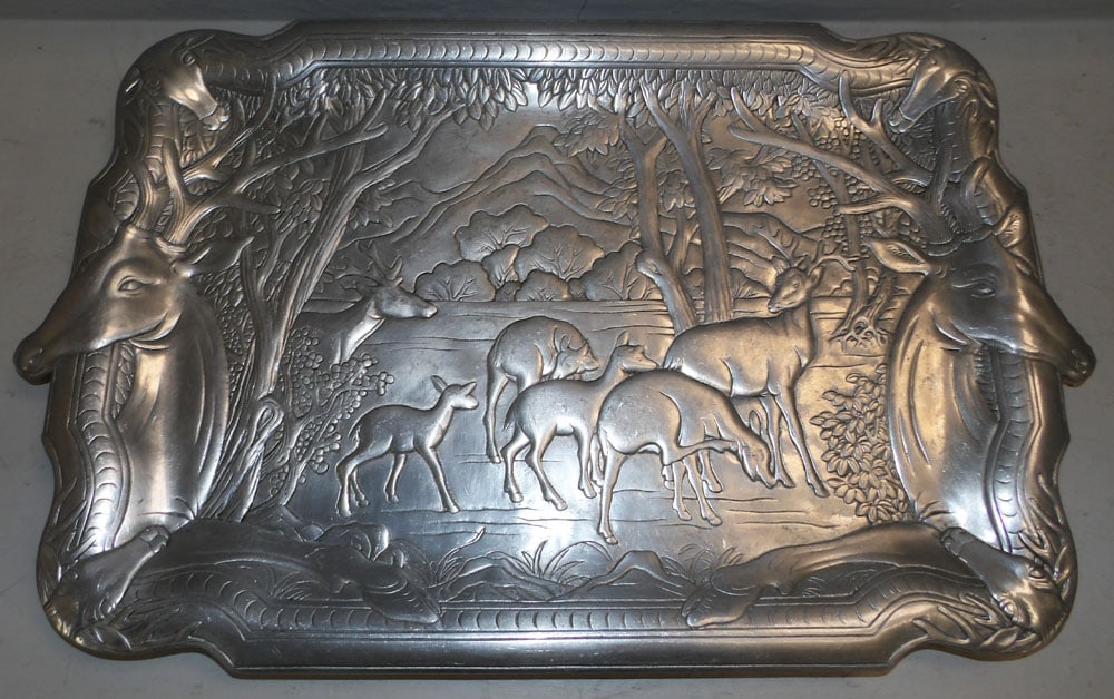 Cast Aluminum Tray with Stag Motif by Arthur Court Designs: Cast Aluminum Tray with Stag Motif by Arthur Court Designs . 24 1/2" x 12 1/2" "ALL DESCRIPTIONS AND ANY CONDITION STATEMENT GIVEN BY LANGSTON AUCTION GALLERY ARE STRICTLY OPINIONS AND LANGSTON'S