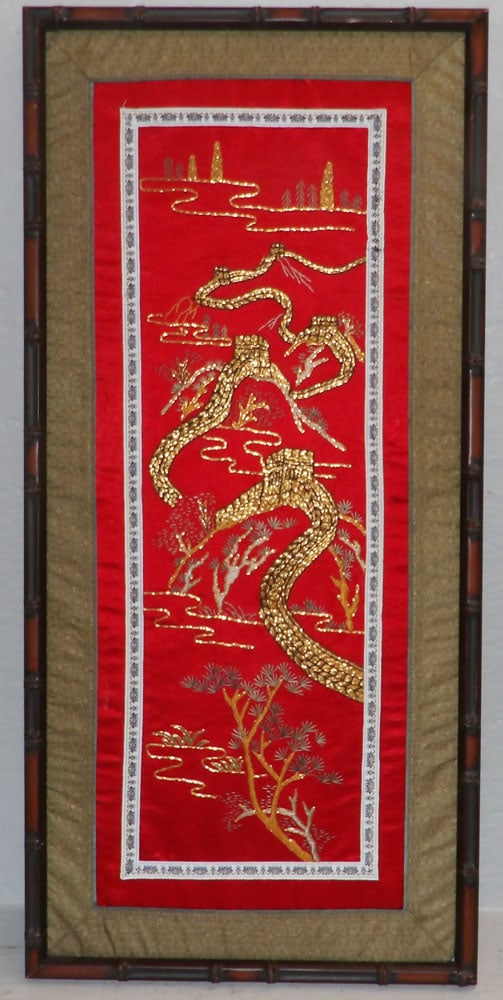 Framed Oriental Embroidery: Framed Oriental Embroidery . 28" x 13 1/4" "ALL DESCRIPTIONS AND ANY CONDITION STATEMENT GIVEN BY LANGSTON AUCTION GALLERY ARE STRICTLY OPINIONS AND LANGSTON'S SHALL HAVE NO RESPONSIBILITY FOR ERRORS