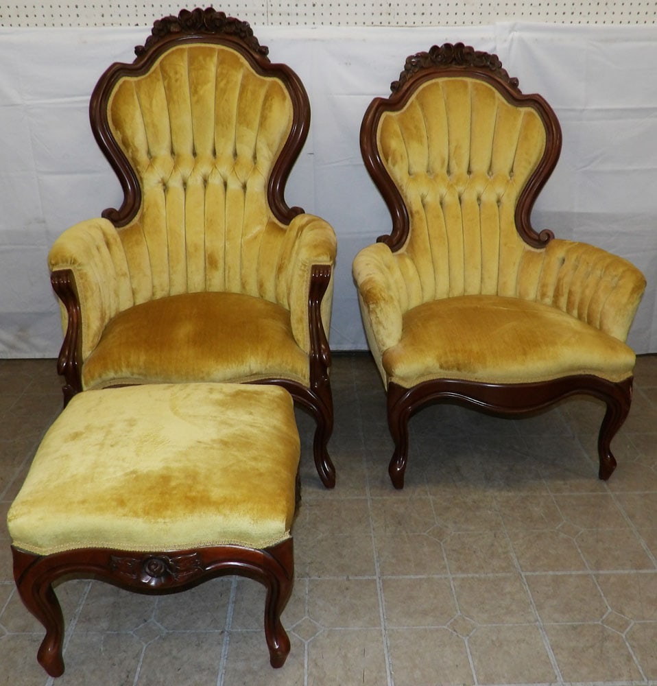 Three Piece Mahogany & Upholstered Victorian Style Parlor Set, (Two Chairs & Ottoman): Three Piece Mahogany & Upholstered Victorian Style Parlor Set, (Two Chairs & Ottoman). Up to 45" H 28" W 34" D "ALL DESCRIPTIONS AND ANY CONDITION STATEMENT GIVEN BY LANGSTON AUCTION GALLERY ARE