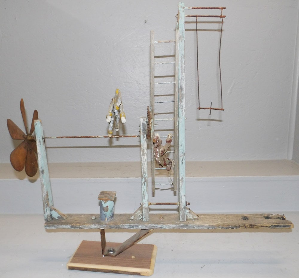 Antique Painted Wood & Metal Whirligig: Antique Painted Wood & Metal Whirligig. 28 3/4" H 30 1/2" W "ALL DESCRIPTIONS AND ANY CONDITION STATEMENT GIVEN BY LANGSTON AUCTION GALLERY ARE STRICTLY OPINIONS AND LANGSTON'S SHALL HAVE NO