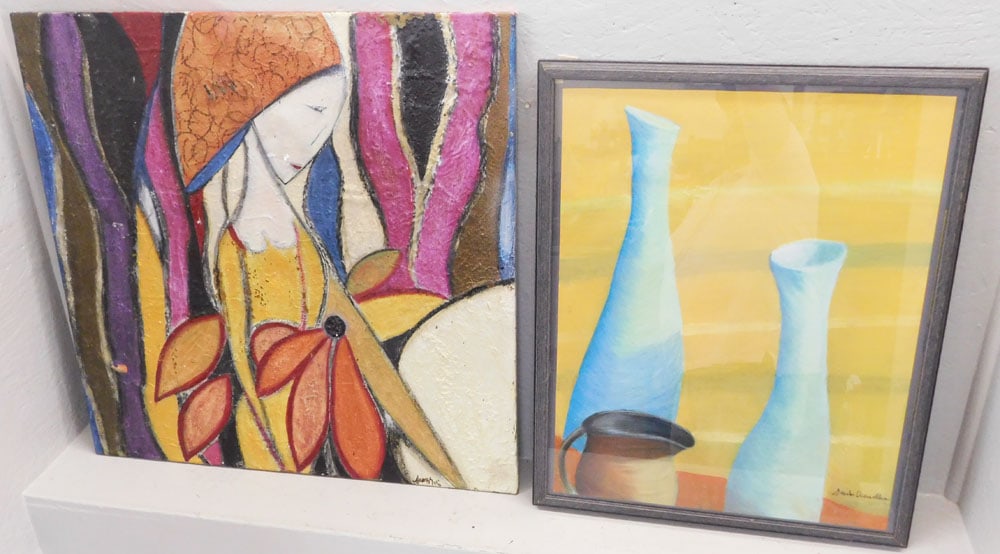 Mid Century Modern Portrait Acrylic on Canvas & Mid Century Pastel Artist Signed: Mid Century Modern Portrait Acrylic on Canvas & Mid Century Pastel Artist Signed . Up to 30 1/4" x 30" "ALL DESCRIPTIONS AND ANY CONDITION STATEMENT GIVEN BY LANGSTON AUCTION GALLERY ARE STRICTLY
