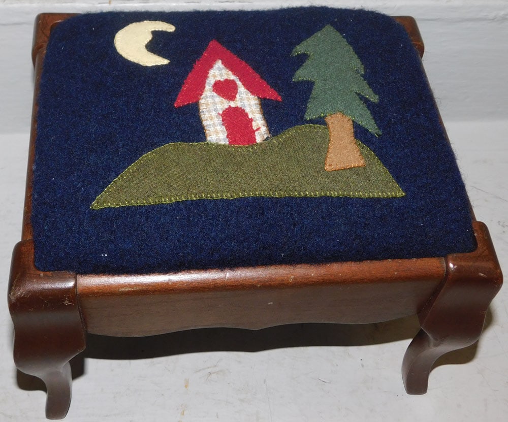 Cherry Bench Made Stool with Folk Art Top: Cherry Bench Made Stool with Folk Art Top. 8" H 11 1/4" W 9 1/4" D "ALL DESCRIPTIONS AND ANY CONDITION STATEMENT GIVEN BY LANGSTON AUCTION GALLERY ARE STRICTLY OPINIONS AND LANGSTON'S SHALL HAVE NO RE