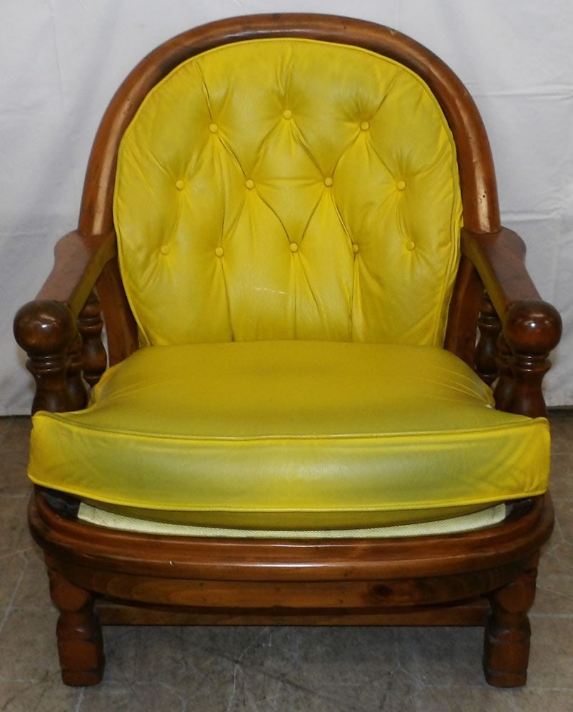 Pine & Faux Leather Arm Chair: Pine & Faux Leather Arm Chair . 31" H 27" W 27" D "ALL DESCRIPTIONS AND ANY CONDITION STATEMENT GIVEN BY LANGSTON AUCTION GALLERY ARE STRICTLY OPINIONS AND LANGSTON'S SHALL HAVE NO RESPONSIBILITY FOR 