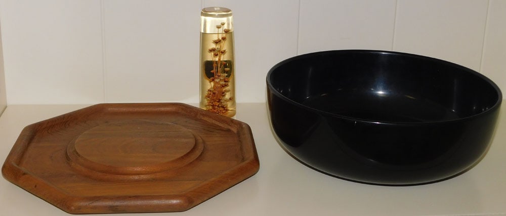 Mid Century Lucite Floral Paperweight, Danish Teak Cheeseboard & Black Acrylic Salad Bowl: Mid Century Lucite Floral Paperweight, Danish Teak Cheeseboard & Black Acrylic Salad Bowl. Up to 4" H 11 1/2" Dia. "ALL DESCRIPTIONS AND ANY CONDITION STATEMENT GIVEN BY LANGSTON AUCTION GALLERY ARE S