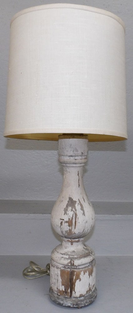 Antique Painted Turned Wood Element Made Into Lamp: Antique Painted Turned Wood Element Made Into Lamp. 28 1/4" H 11 1/2" Dia. "ALL DESCRIPTIONS AND ANY CONDITION STATEMENT GIVEN BY LANGSTON AUCTION GALLERY ARE STRICTLY OPINIONS AND LANGSTON'S SHALL HA