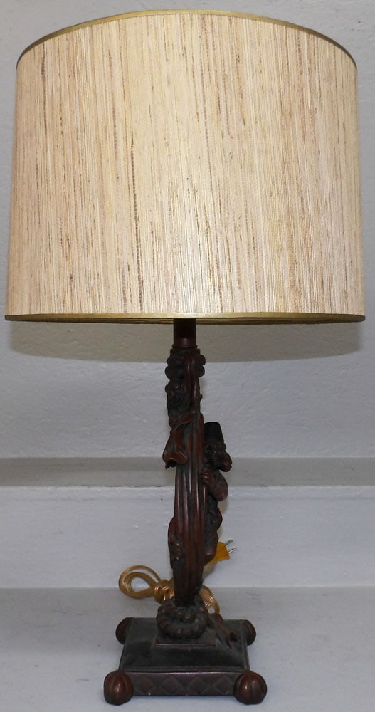 Painted Resin Monkey Lamp: Painted Resin Monkey Lamp . 26 1/2" H 14 1/4" Dia. "ALL DESCRIPTIONS AND ANY CONDITION STATEMENT GIVEN BY LANGSTON AUCTION GALLERY ARE STRICTLY OPINIONS AND LANGSTON'S SHALL HAVE NO RESPONSIBILITY FOR