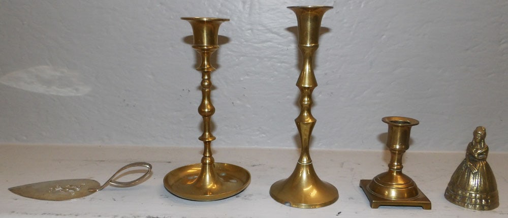 Three Brass Candlesticks, Bell, & Silverplated Pie Server (1 of 5)