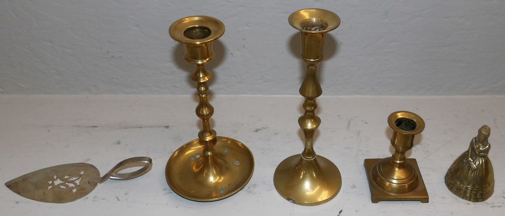 Three Brass Candlesticks, Bell, & Silverplated Pie Server - 2